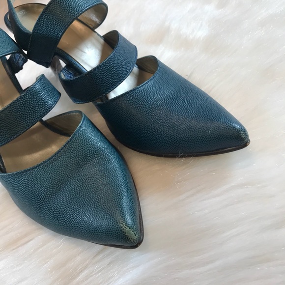John Fluevog Teal Embossed Pointed Cutout Heels - Picture 6 of 8